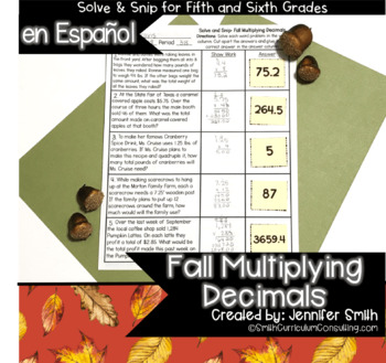 Preview of Spanish Fall Math Activity | Multiplying Decimals Solve and Snip® | 5th & 6th