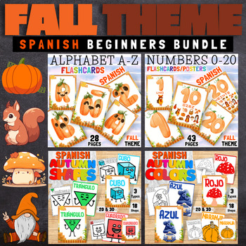 Preview of Spanish Fall Theme Alphabet, Numbers, Colors and Shapes Flashcard/Posters Bundle