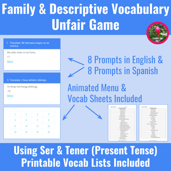 Preview of Spanish Family Familia and Descriptive Vocabulary Practice Review Unfair Game