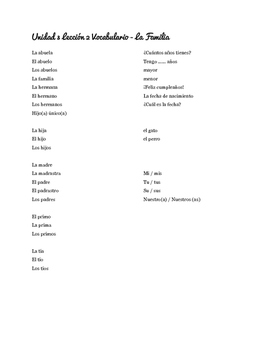 Preview of Spanish Family Vocabulary List - La familia - Avancemos