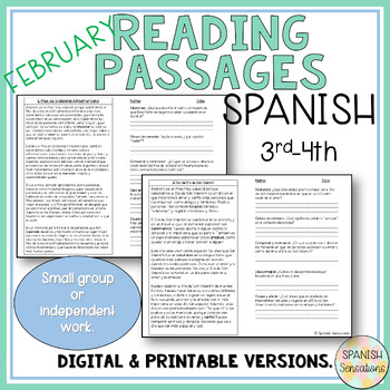 Preview of Spanish February Reading Comprehension Passages 3rd-4th Comprensión Lectoras