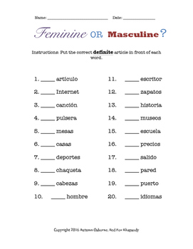 spanish masculine feminine quizzes handout keys poster slide tpt
