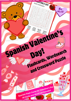 Preview of Valentine's Spanish Bundle 48 Flashcards, Worksheets, Puzzles, Slideshow, Bingo