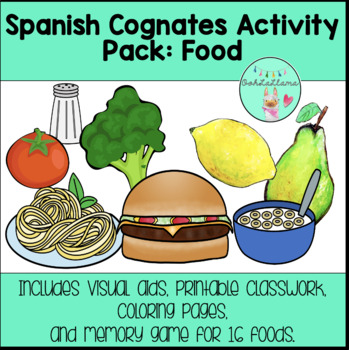 Preview of Spanish Food Cognate Activity Pack with Printable Classwork and Memory Game