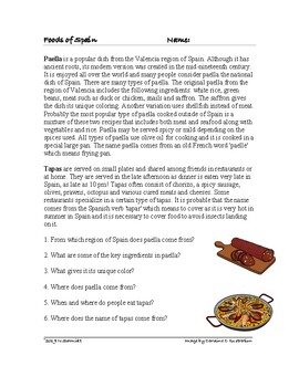 Preview of Food from Spain Cultural Reading: Tapas and Paella  (English Version)