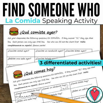 Preview of Spanish Food Unit Find Someone Who Game Spanish Speaking Practice Activity