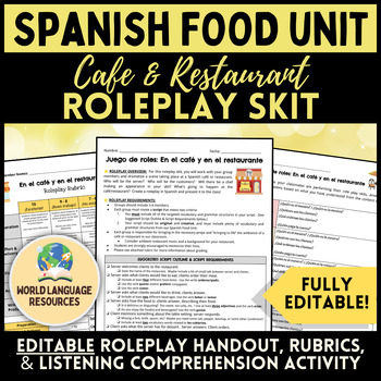 Preview of Spanish Food Unit - Café and Restaurant Roleplay Skit Project Comidas y bebidas