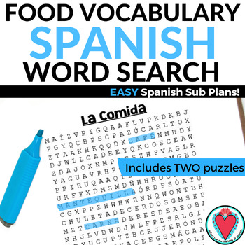 Preview of Spanish Food Vocabulary Worksheet Spanish Word Search Activity Sub Lesson Plans