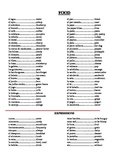 Spanish Food Vocabulary List and Work