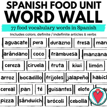 Preview of Spanish Food Unit Vocabulary Word Wall La Comida Bulletin Board