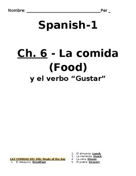 Preview of Spanish Food and Meal Taking Vocabulary and Notes and Grammar Packet - Verb Gust