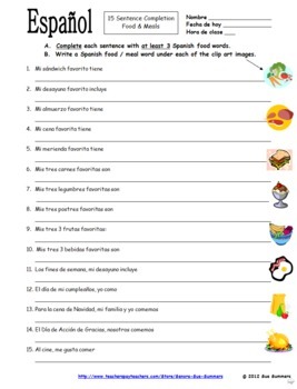 Spanish Food and Meals 15 Sentence Completions - La Comida by Sue Summers