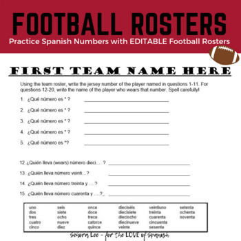 Preview of Spanish Numbers 1 - 100 - Football Rosters Activity