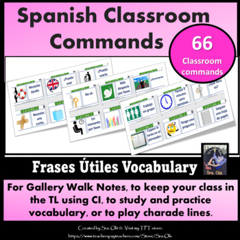 Preview of Spanish Frases Útiles Classroom Commands Vocabulary Notes or Gallery walk