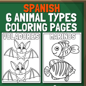 Preview of Spanish Free Six Animal Types Coloring Pages With Names | Printable Worksheets