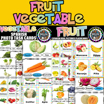 Preview of Spanish Fruit & Vegetable Functional Reading Task Cards & Picture Flashcards