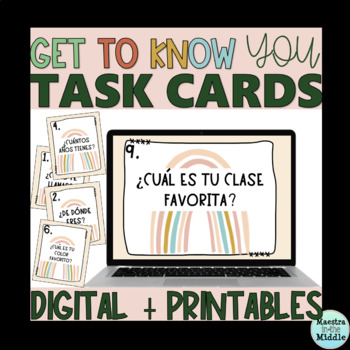 Preview of Spanish Get to Know You Task Cards | Back To School | Boho Rainbow Icebreaker