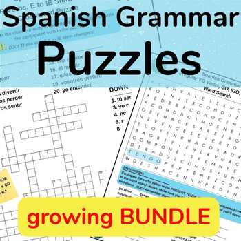 Preview of Spanish Grammar Puzzles GROWING BUNDLE: Word Searches, Anagrams, Crosswords