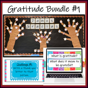 Preview of Spanish Gratitude Bundle - Bilingual Gratitude Challenge & Bulletin Board