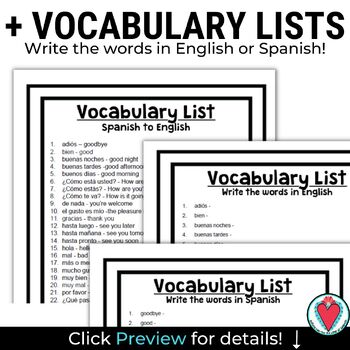 Spanish Greetings Bingo Game and Vocabulary Lists - Spanish 1 | TPT