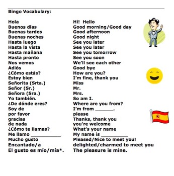 Spanish Greetings, Leave Takings, Courtesies and Basics Bingo Game