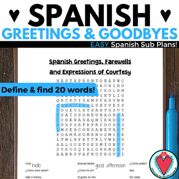 Preview of Back to School Spanish Greetings Worksheet - Spanish 1 Vocabulary Word Search