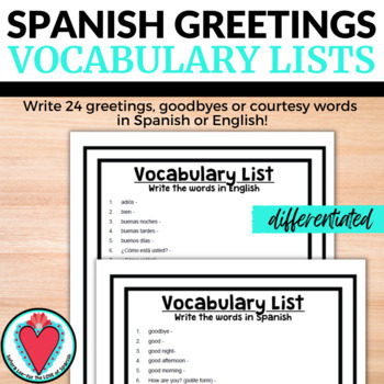 Preview of Spanish Greetings Worksheets - Spanish to English Vocabulary Lists - Sub Plans
