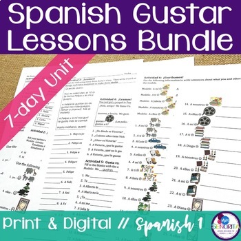 Preview of Spanish Gustar Lessons Bundle - singular plural nouns, AR verbs, ir, weather
