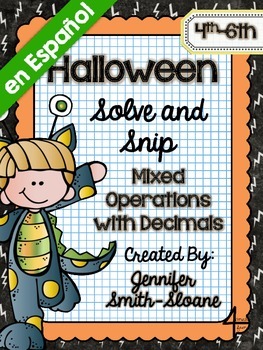Preview of Spanish Halloween Math Activity | All Operations with Decimals | Solve and Snip®