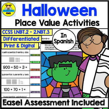 Preview of Spanish Halloween Place Value Math Activities and Digital Assessment