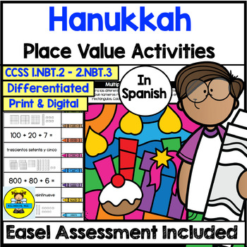 Preview of Spanish Hanukkah Place Value Activities and Digital Assessment