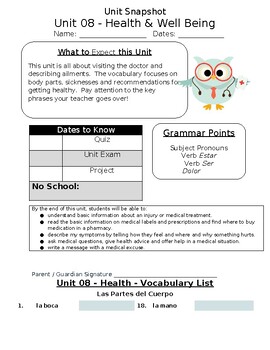 Preview of Spanish Health and Wellbeing Unit Packet
