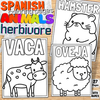 Preview of Spanish Herbivore Animal Labels Printable Coloring Pages | Forest & Jungle Book