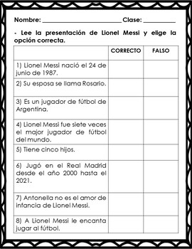 Leo Messi Spanish Reading and Quiz