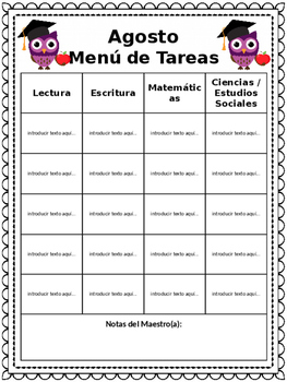 spanish menu homework