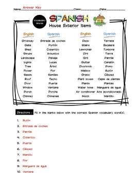 Spanish House Exterior Vocabulary Word List Worksheet & Answer Key