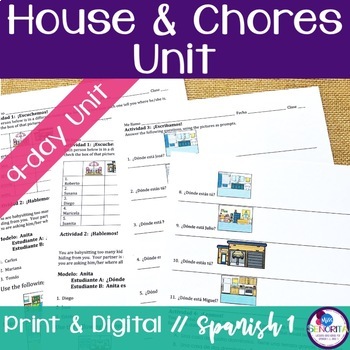 Preview of Spanish House and Chores Unit - la casa y los quehaceres print and digital