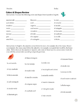 Preview of Spanish I Worksheet: Colors & Shapes - Adjective After Noun Activity