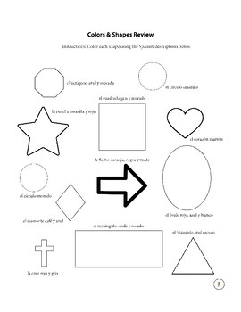 Preview of Spanish I Worksheet - Colors and Shapes Review Activity with Coloring!