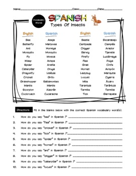 Spanish Insects Vocabulary Word List Worksheet Answer Key Tpt