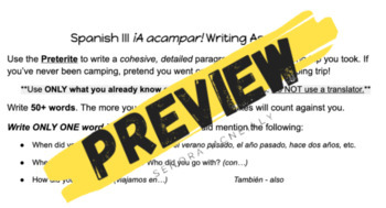 Preview of Spanish Intermediate Preterite Writing Prompt / Escribir "¡A acampar!"