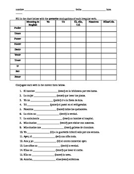 Preview of Spanish Irregular Preterite worksheet (poder, tener, estar, hacer, decir, etc.)
