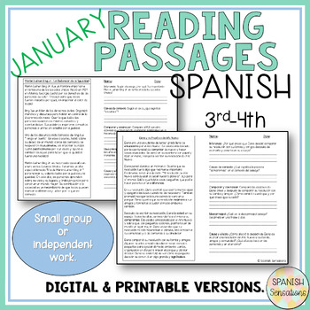 Preview of Spanish January Reading Comprehension Passages 3rd-4th Comprensión Lectoras