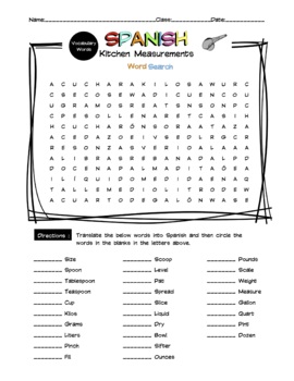 Spanish Kitchen Measurements Vocabulary Word List Worksheet & Answer Key