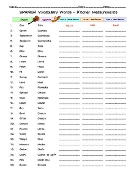 Spanish Kitchen Measurements Vocabulary Word List Column Worksheet