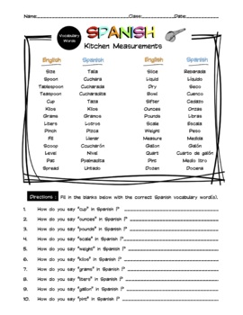 Spanish Kitchen Measurements Vocabulary Matching Worksheet & Answer Key