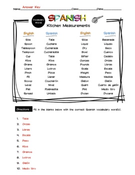 Spanish Kitchen Measurements Vocabulary Word List Worksheet & Answer Key