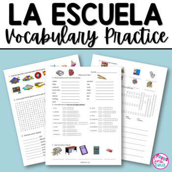 Preview of Spanish La Escuela School Supplies Vocabulary Worksheets & Practice Word Search