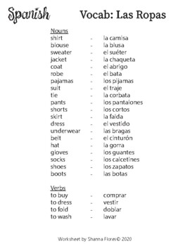 Spanish Las Ropas (Clothes); Word Search; Translate; Vocab