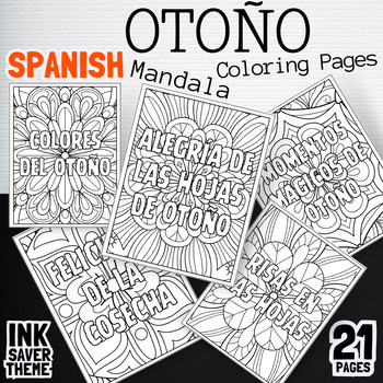 Preview of Spanish Mandala Coloring Pages Autumn leaves | Pumpkin Fall theme Coloring Book